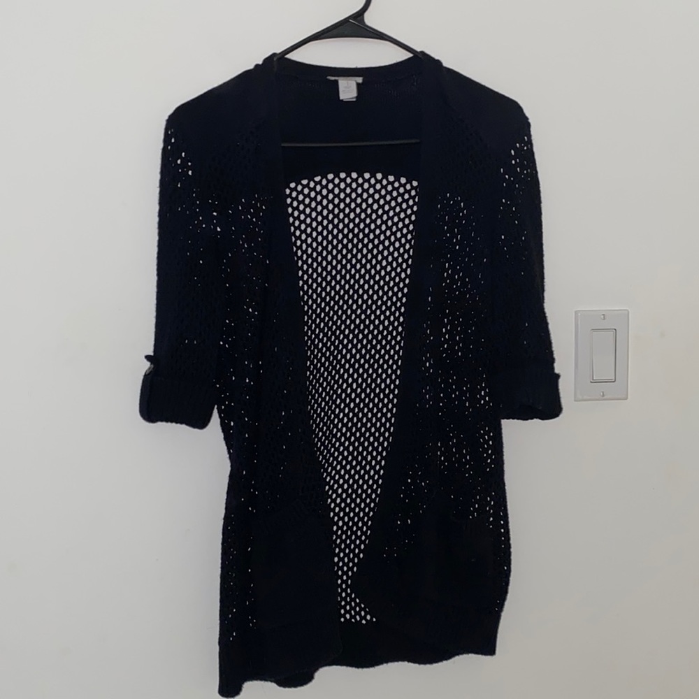 Chico's Open-Knit Black 3/4 Sleeve Cardigan